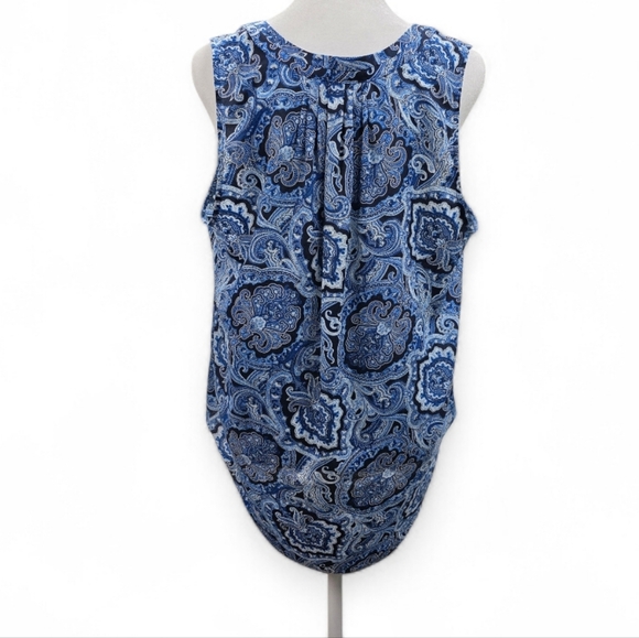 Juicy Couture Blue Paisley Sleeveless Blouse Tie Neck High Low Hem Size Large - Picture 2 of 8
